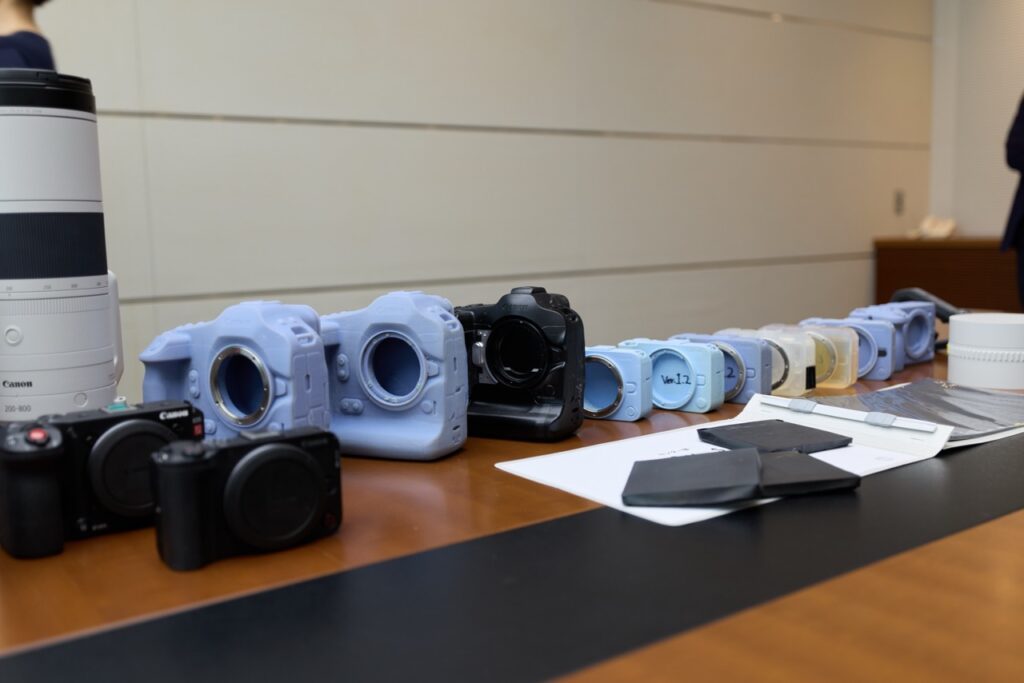 A line of Canon’s 3D printed and machined prototypes for the R1 and C50 cameras.