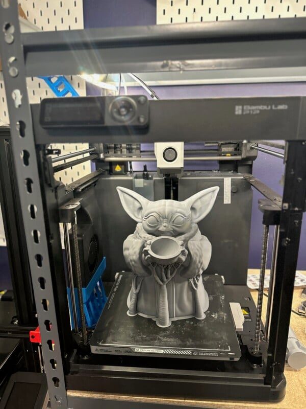 The speed of the Bambu P1P allows massive prints like this Grogu figure to print in hours instead of days.