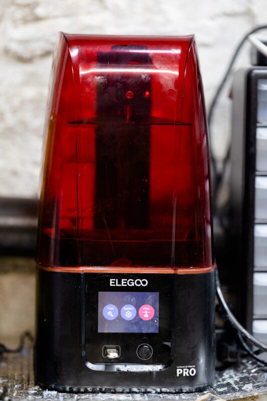 Elegoo Resin Printer. Resin printers are messier than filament printers, but the detail they produce is amazing.