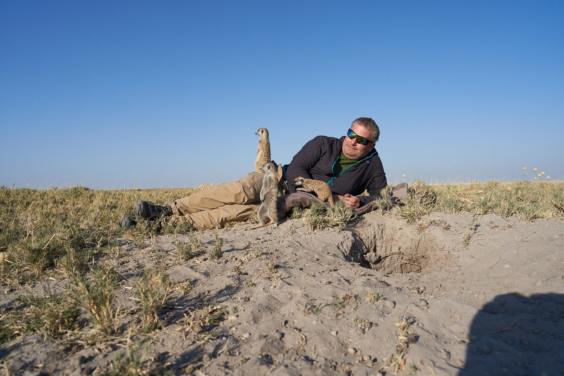 David Schloss lying in the sand with a meerkat perched on his shoulder, Botswana, 2022