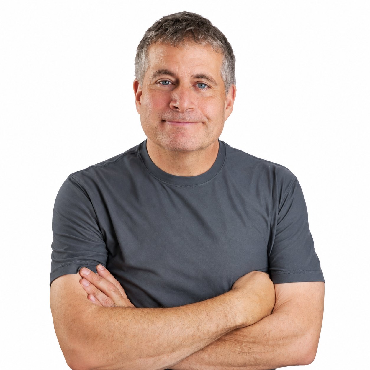 David Schloss, arms crossed, in a gray T-shirt against a white background